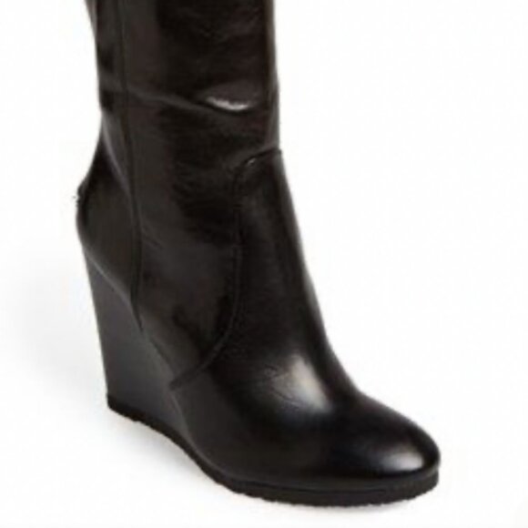 Coach SZ 7 Della Black Leather Wedge Heel Knee High Boot Closet Staple - Picture 2 of 11
